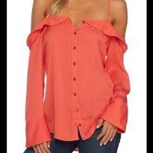 Free People Walk This Way Off The Shoulder Button Front Top